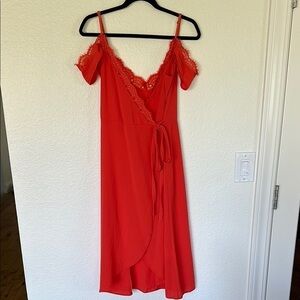 Never fully dressed, Red Lace Trim Wrap Dress medium